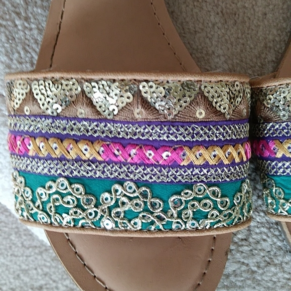 Merona Embellished Sequins Open Toe Flats 8 Pink Yellow Brown - Picture 4 of 9